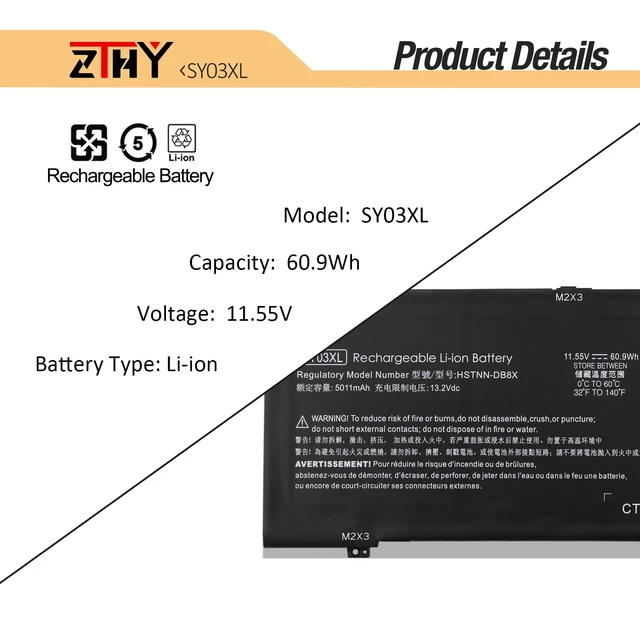 Alt view image 3 of 7 - 60.9Wh SY03XL Laptop Battery Replacement for HP Chromebook X360 14 G1 14-DA 14-DA0011DX 14-DA0021NR 14-DA0500ND Chromebook 15-DE 15-DE0010NR 15-DE0021CL L29913-221 L29959-002 SY03060XL 11.55V