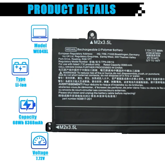Alt view image 2 of 7 - WE04XL Battery Replacement for HP Envy X360 16-AC 16-AD 2-in-1 Spectre X360 14-EU 2-in-1 Pavilion Plus 16-AB 16T-AB Pavilion Plus 14-ey 14-ew Series N39817-CF1 HSTNN-WB0F N39857-005 68Wh 7.72V