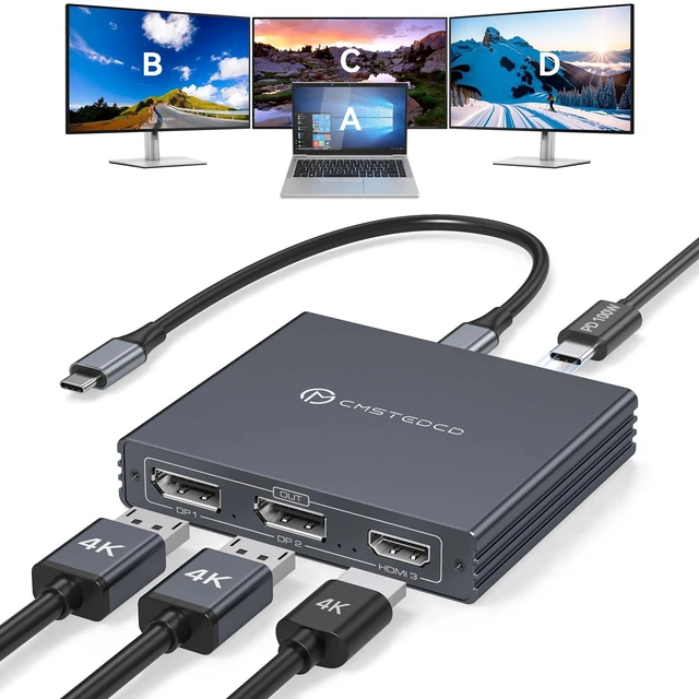 Main image of USB C to HDMI + 2 Displayport Adapter 3 Monitors 4K60Hz DP HDMI Splitter 1 in 3 Out for Extended Display with PD 100W Charging, Plug & Play, Compatible with Laptop,PC,USB-C Graphics Card