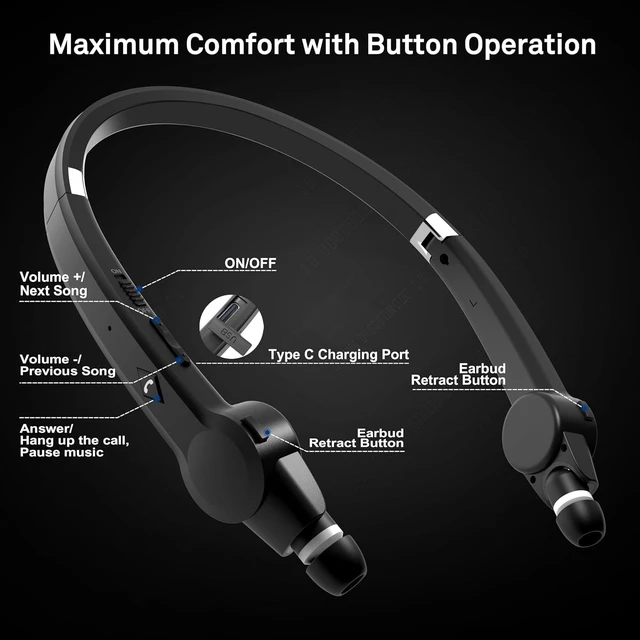Alt view image 2 of 7 - Foldable Bluetooth Neckband Headphones, Wireless Sports Headset with Retractable Earbuds, Sweatproof Noise Cancelling Stereo Earphones with Built-in Mic for Running, Workout (True Black)