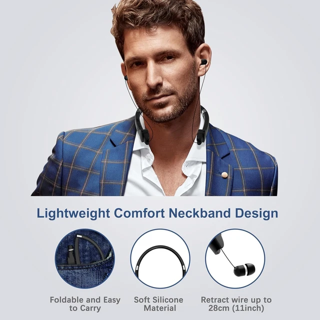 Alt view image 4 of 7 - Foldable Bluetooth Neckband Headphones, Wireless Sports Headset with Retractable Earbuds, Sweatproof Noise Cancelling Stereo Earphones with Built-in Mic for Running, Workout (True Black)