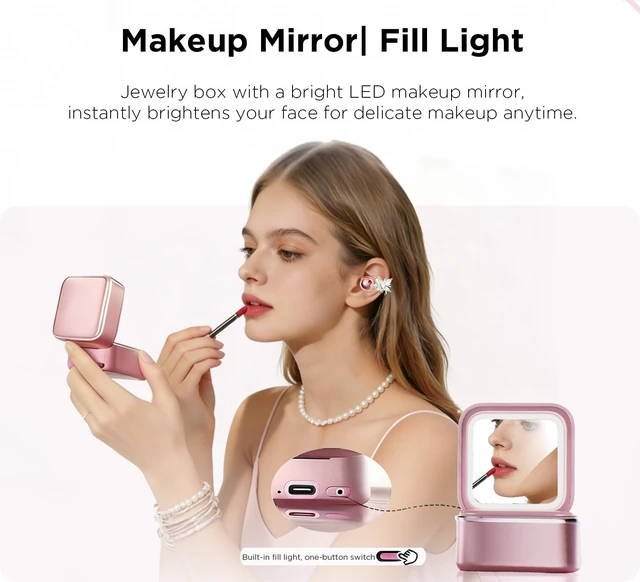Alt view image 4 of 7 - Clip on Open Ear Wireless Earbuds with Butterfly Earrings,Bag Bluetooth 6.0 Wireless Headphones for Women Girl Gift, Jewelry Charging Box with Light & Mirror, Sports Workout, Rose Gold