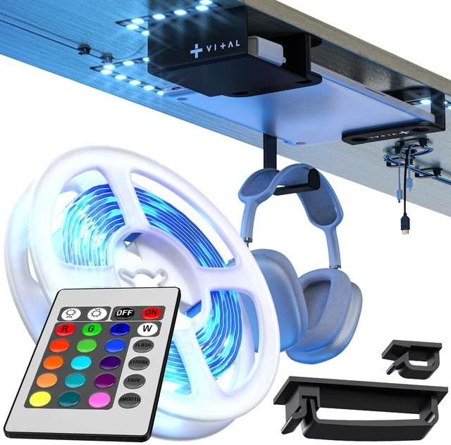 Main image of Under Desk Laptop Mount - Hidden Metal Shelf with Side Storage, Hook & Cable Organizer - Installs with Tape & Screws - Fits Devices up to 1.7" Thick - Deluxe + LED (USB Light Strip & Remote)