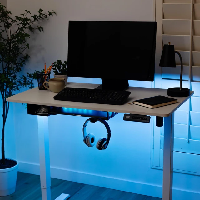 Alt view image 2 of 7 - Under Desk Laptop Mount - Hidden Metal Shelf with Side Storage, Hook & Cable Organizer - Installs with Tape & Screws - Fits Devices up to 1.7" Thick - Deluxe + LED (USB Light Strip & Remote)