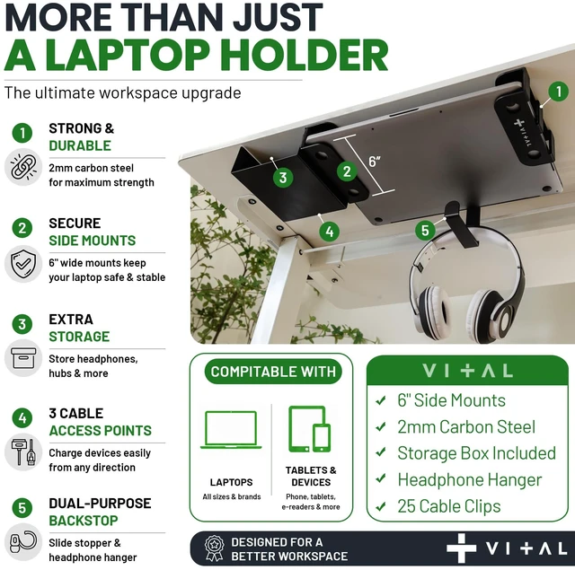 Alt view image 4 of 7 - Under Desk Laptop Mount - Hidden Metal Shelf with Side Storage, Hook & Cable Organizer - Installs with Tape & Screws - Fits Devices up to 1.7" Thick - Deluxe + LED (USB Light Strip & Remote)
