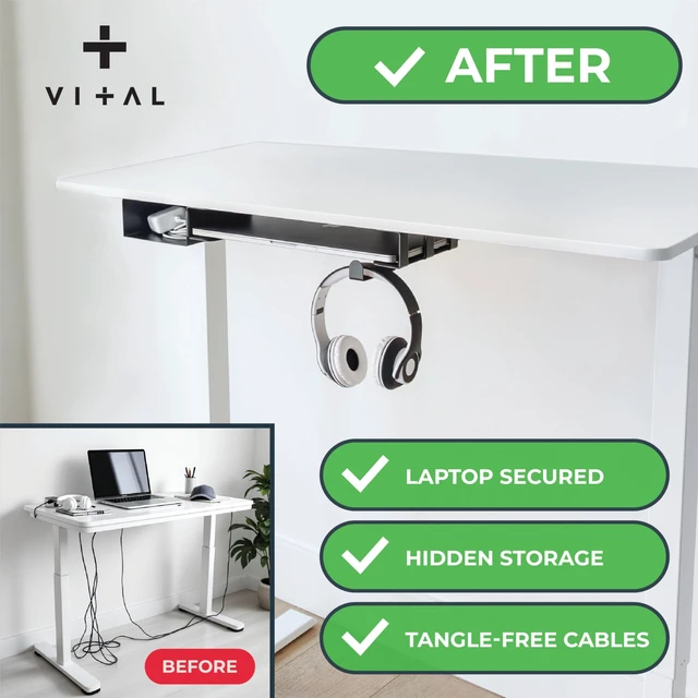 Alt view image 3 of 7 - Under Desk Laptop Mount - Hidden Metal Shelf with Side Storage, Hook & Cable Organizer - Installs with Tape & Screws - Fits Devices up to 1.7" Thick - Deluxe + LED (USB Light Strip & Remote)