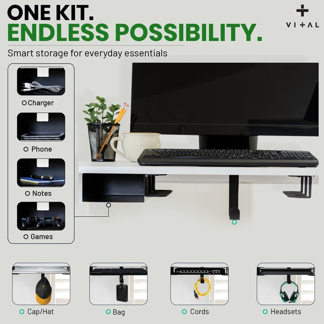 Alt view image 5 of 7 - Under Desk Laptop Mount - Hidden Metal Shelf with Side Storage, Hook & Cable Organizer - Installs with Tape & Screws - Fits Devices up to 1.7" Thick - Deluxe + LED (USB Light Strip & Remote)
