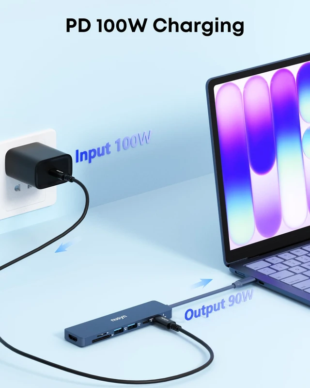 Alt view image 4 of 7 - 7-in-1 USB C Hub with 4K@60Hz HDMI, 2 USB-A, 1 USB-C, 100W PD Charging, SD 3.0 /TF 3.0 Card Reader, Compatible with MacBook Pro/Air/Neo, iPad Pro, iMac, iPhone 15-17 (Indigo)
