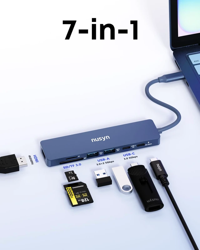 Alt view image 6 of 7 - 7-in-1 USB C Hub with 4K@60Hz HDMI, 2 USB-A, 1 USB-C, 100W PD Charging, SD 3.0 /TF 3.0 Card Reader, Compatible with MacBook Pro/Air/Neo, iPad Pro, iMac, iPhone 15-17 (Indigo)