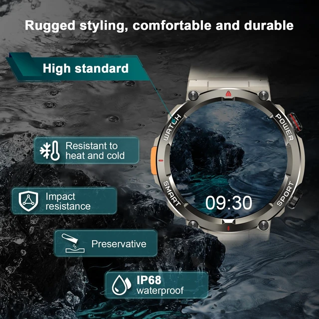 Alt view image 3 of 7 - Military Smart Watch for Men-100-Day Long Battery Life,Fitness Tracker with LED Flashlight/Compass,120+ Sports Modes,IP68 Waterproof,Heart Rate Monitor,Bluetooth Call Smartwatch for iOS Android(Khaki)
