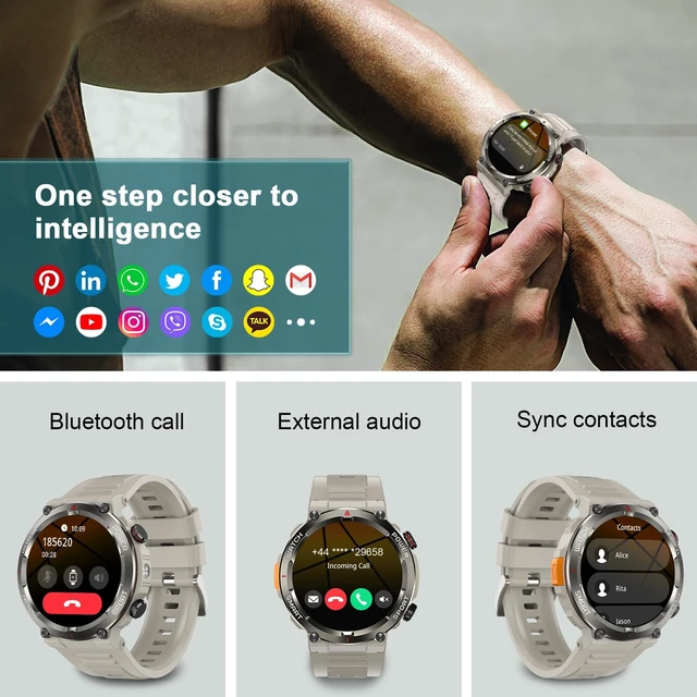 Alt view image 6 of 7 - Military Smart Watch for Men-100-Day Long Battery Life,Fitness Tracker with LED Flashlight/Compass,120+ Sports Modes,IP68 Waterproof,Heart Rate Monitor,Bluetooth Call Smartwatch for iOS Android(Khaki)
