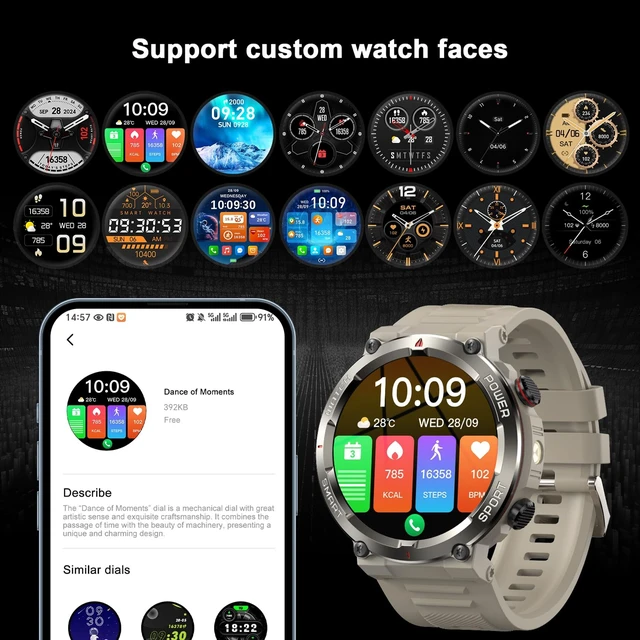 Alt view image 5 of 7 - Military Smart Watch for Men-100-Day Long Battery Life,Fitness Tracker with LED Flashlight/Compass,120+ Sports Modes,IP68 Waterproof,Heart Rate Monitor,Bluetooth Call Smartwatch for iOS Android(Khaki)