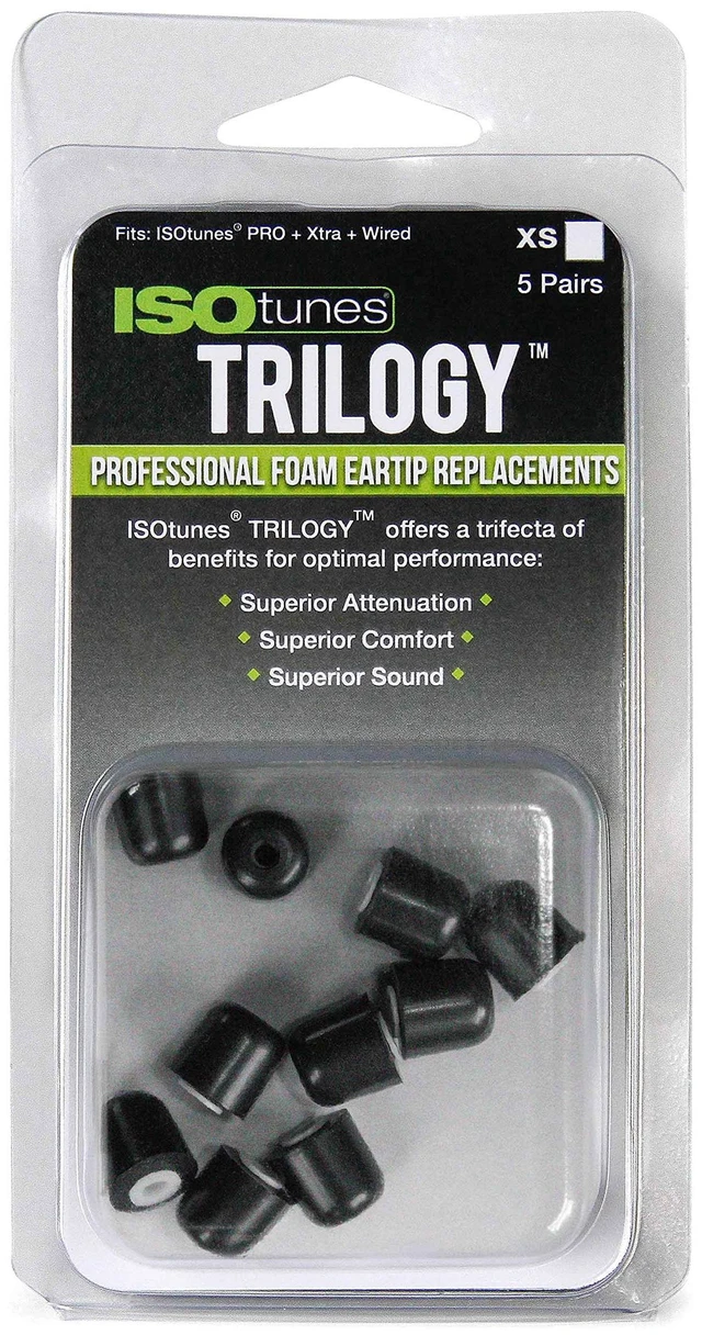 Main image of Trilogy Foam Ear Protection Eartips (5 Pair Pack, XS, White) Compatible with PRO, Xtra and WIRED earbuds, 5 pairs, extra small size, white foam replacement eartips