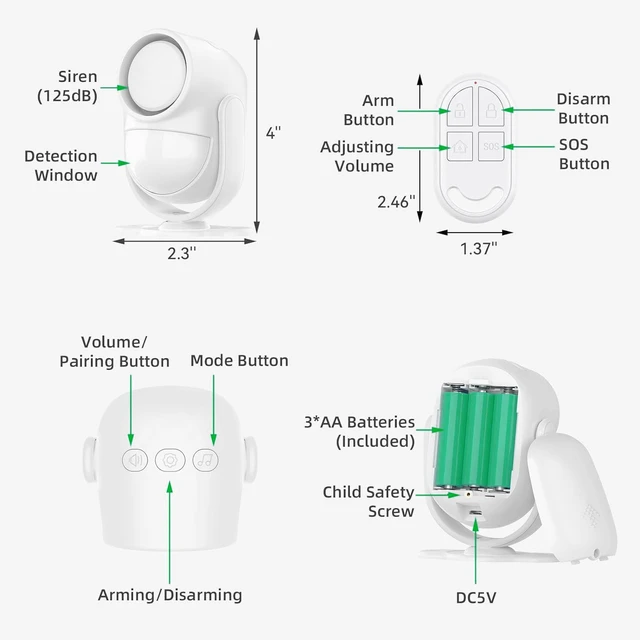 Alt view image 6 of 6 - 125dB Loud Motion Sensor Alarm with 328ft Dual Remote (40ft PIR Detector, 3*AA Batteries), Indoor Wireless Infrared Security Motion Detector with Siren for Homes/Sheds (White - 2 Remotes)