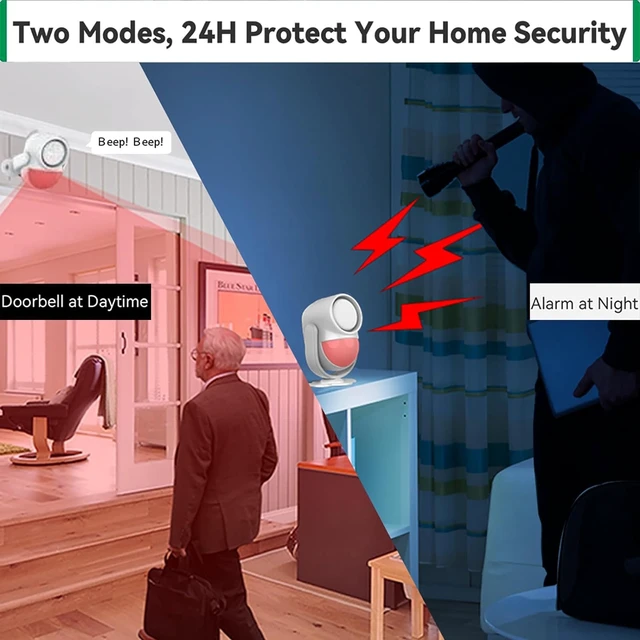 Alt view image 2 of 6 - 125dB Loud Motion Sensor Alarm with 328ft Dual Remote (40ft PIR Detector, 3*AA Batteries), Indoor Wireless Infrared Security Motion Detector with Siren for Homes/Sheds (White - 2 Remotes)