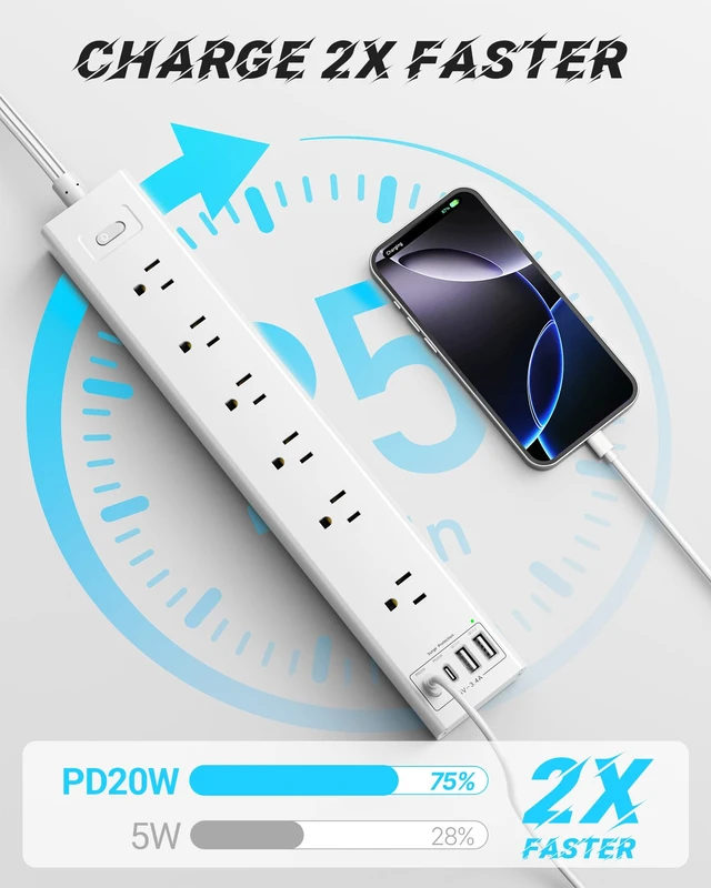 Alt view image 2 of 7 - Mountable Power Strip, Wall Mount Surge Protector Power Strip with USB Ports, 6ft Flat Plug Extension Cord with Multiple Outlets for Under Desk/TV Behind