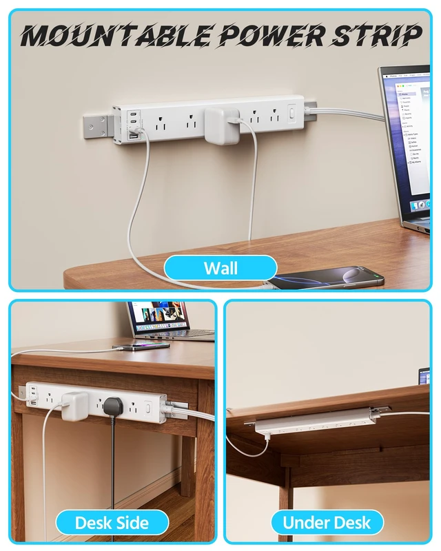 Alt view image 3 of 7 - Mountable Power Strip, Wall Mount Surge Protector Power Strip with USB Ports, 6ft Flat Plug Extension Cord with Multiple Outlets for Under Desk/TV Behind