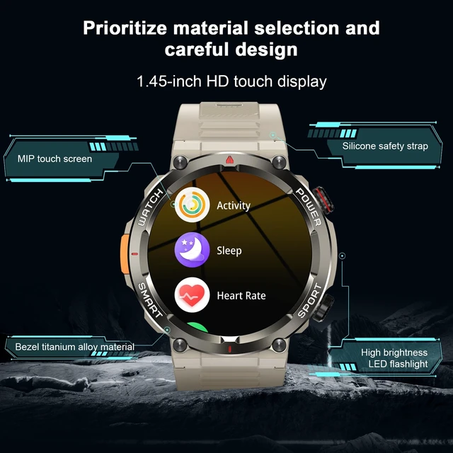 Alt view image 7 of 7 - Military Smart Watch for Men-100-Day Long Battery Life,Fitness Tracker with LED Flashlight/Compass,120+ Sports Modes,IP68 Waterproof,Heart Rate Monitor,Bluetooth Call Smartwatch for iOS Android(Khaki)