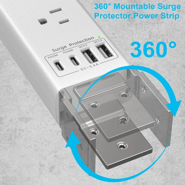 Alt view image 4 of 7 - Mountable Power Strip, Wall Mount Surge Protector Power Strip with USB Ports, 6ft Flat Plug Extension Cord with Multiple Outlets for Under Desk/TV Behind