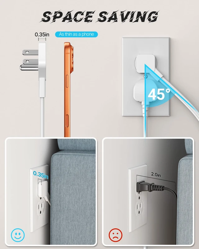 Alt view image 6 of 7 - Mountable Power Strip, Wall Mount Surge Protector Power Strip with USB Ports, 6ft Flat Plug Extension Cord with Multiple Outlets for Under Desk/TV Behind
