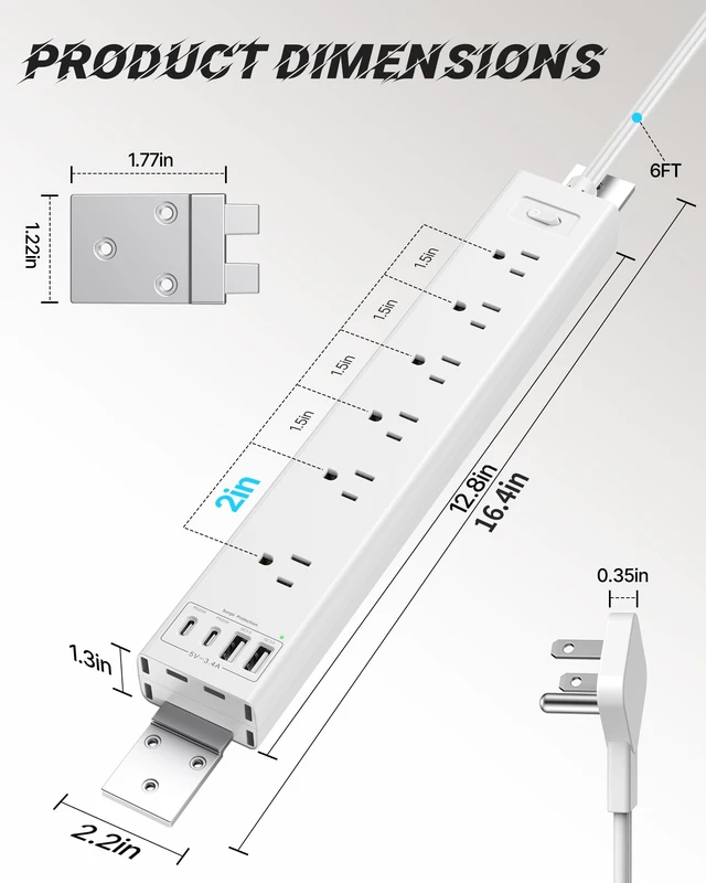 Alt view image 7 of 7 - Mountable Power Strip, Wall Mount Surge Protector Power Strip with USB Ports, 6ft Flat Plug Extension Cord with Multiple Outlets for Under Desk/TV Behind