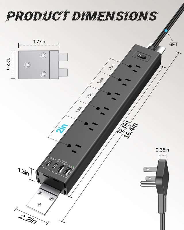 Alt view image 7 of 7 - Mountable Power Strip, Wall Mount Surge Protector Power Strip with USB Ports, 6ft Flat Plug Extension Cord with Multiple Outlets for Under Desk/TV Behind