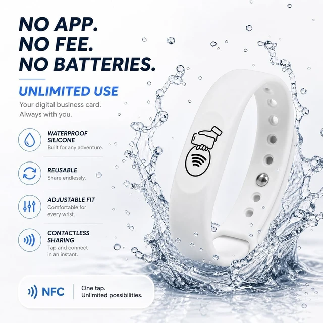 Alt view image 4 of 7 - NFC Smart Business Card Wristband, Adjustable (White) QR Code, Waterproof Silicone, Tap to Share Contact Info, Works with iPhone and Android