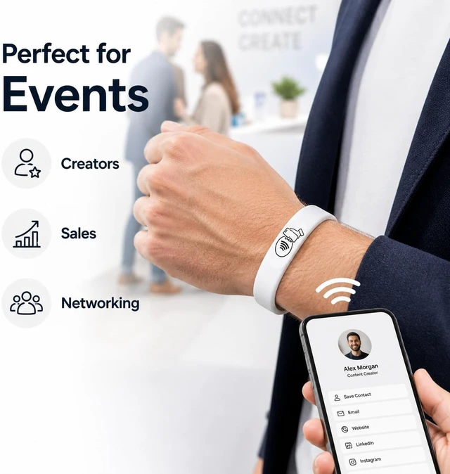 Alt view image 5 of 7 - NFC Smart Business Card Wristband, Adjustable (White) QR Code, Waterproof Silicone, Tap to Share Contact Info, Works with iPhone and Android