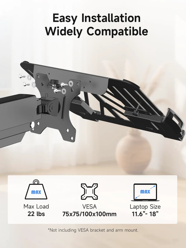 Alt view image 3 of 7 - TP0071 Laptop Tray Adjustable 13 to 18 Inch VESA Arm Mount Tray for Monitor Arms and Stands, Fits 75x75/100x100 mm VESA Mount Holes, Supports Weight Up to 22lbs, Matte Black