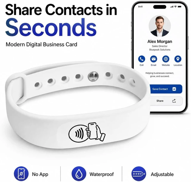 Alt view image 7 of 7 - NFC Smart Business Card Wristband, Adjustable (White) QR Code, Waterproof Silicone, Tap to Share Contact Info, Works with iPhone and Android