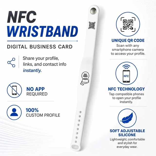 Alt view image 6 of 7 - NFC Smart Business Card Wristband, Adjustable (White) QR Code, Waterproof Silicone, Tap to Share Contact Info, Works with iPhone and Android