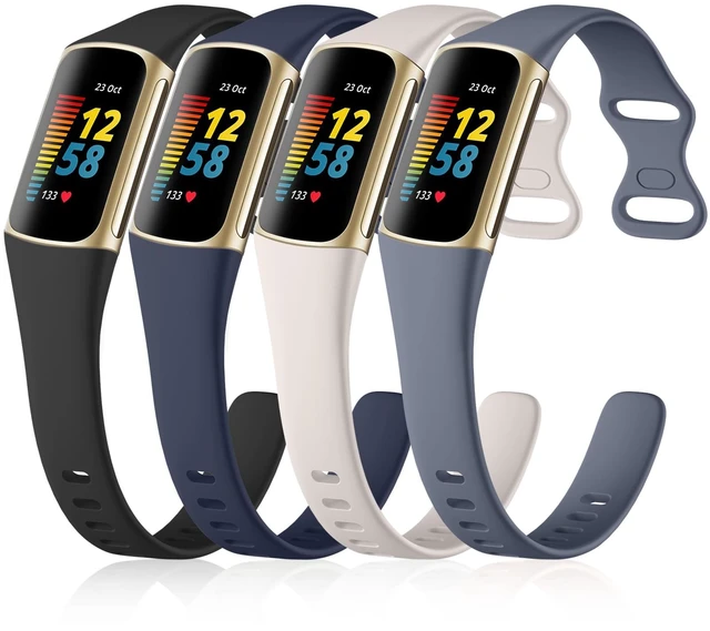 Main image of 4 Pack Slim Band Compatible with Fitbit Charge 5/6 Bands Women Men Soft Silicone Strap, Sport Replacement Wristband for Fitbit Charge 5 6 Fitness Tracker, Black/Navy Blue/Blue Gray/Starlight