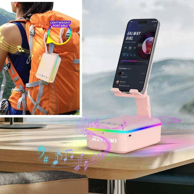 Alt view image 6 of 7 - Gifts for Men Women,Cell Phone Stand with Bluetooth Speaker and LED Light,Cool Tech Gadgets,Unique Birthday Gifts for Men Husband Mom Dad-Pink