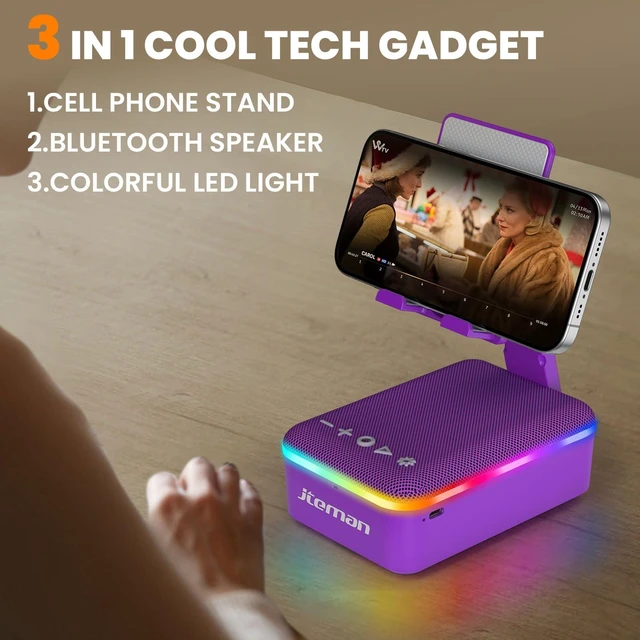 Alt view image 2 of 7 - Gifts for Men Women,Cell Phone Stand with Bluetooth Speaker,LED Light,and Lanyard,Cool Tech Gadgets,Unique Birthday Gifts for Men Husband Mom Dad-Purple