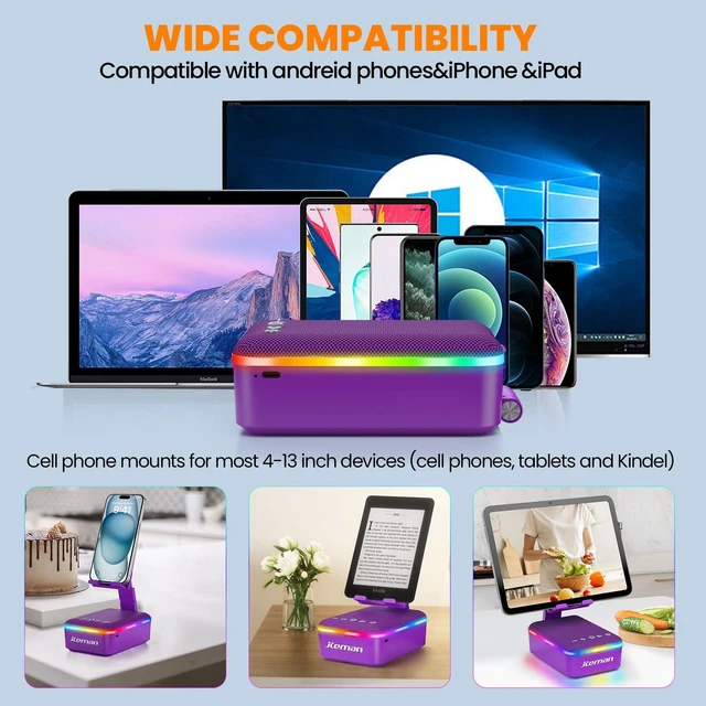 Alt view image 7 of 7 - Gifts for Men Women,Cell Phone Stand with Bluetooth Speaker,LED Light,and Lanyard,Cool Tech Gadgets,Unique Birthday Gifts for Men Husband Mom Dad-Purple