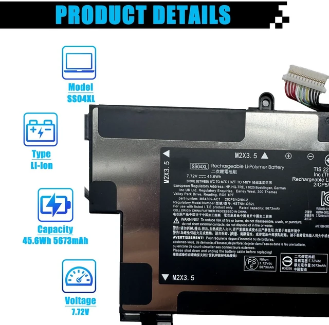 Alt view image 2 of 7 - SS04XL Laptop Battery Replacement for HP Elite Dragonfly G3 G4 Series M73478-006 SS04068XL M73476-005 HSTNN-OB2L TPN-DB0N M64309-271 M64309-AC1 52.8Wh 4548mAh 11.61V