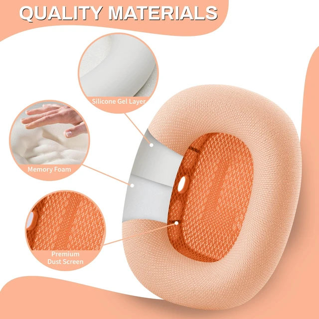 Alt view image 2 of 7 - Ear Cushions for AirPods Max, Original Silicone Noise Reduction (Orange) Upgraded Ear Cup Covers for Apple AirPods Max 1 & 2 Headphones, Strong Magnet Cups Pads, Durable Mesh Fabric, Softer sponge