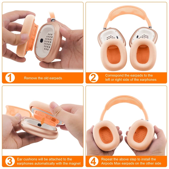 Alt view image 6 of 7 - Ear Cushions for AirPods Max, Original Silicone Noise Reduction (Orange) Upgraded Ear Cup Covers for Apple AirPods Max 1 & 2 Headphones, Strong Magnet Cups Pads, Durable Mesh Fabric, Softer sponge