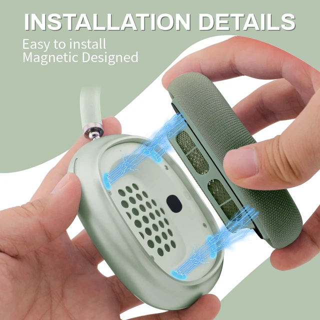 Alt view image 3 of 7 - Ear Cushions for AirPods Max, Original Silicone Noise Reduction (Green) Upgraded Ear Cup Covers for Apple AirPods Max 1 & 2 Headphones, Strong Magnet Cups Pads, Durable Mesh Fabric, Softer sponge