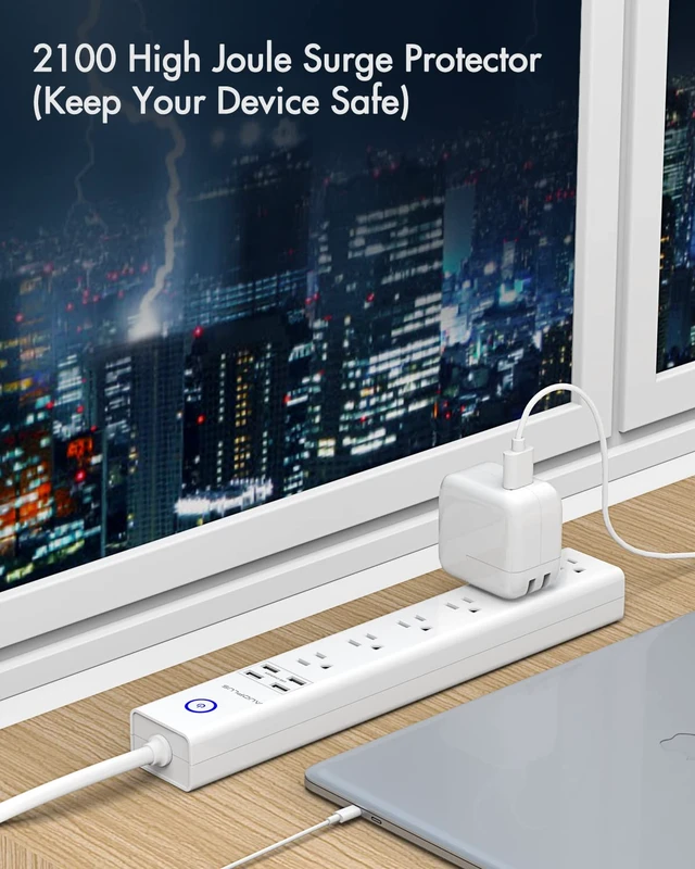 Alt view image 4 of 7 - 2 Pack Power Strip Surge Protector Flat Plug - 6 Widely Spaced Outlets 4 USB Charging Ports, 2100J/10A with 6Ft Long Extension Cord, Overload Surge Protection, Wall Mount for Home Office