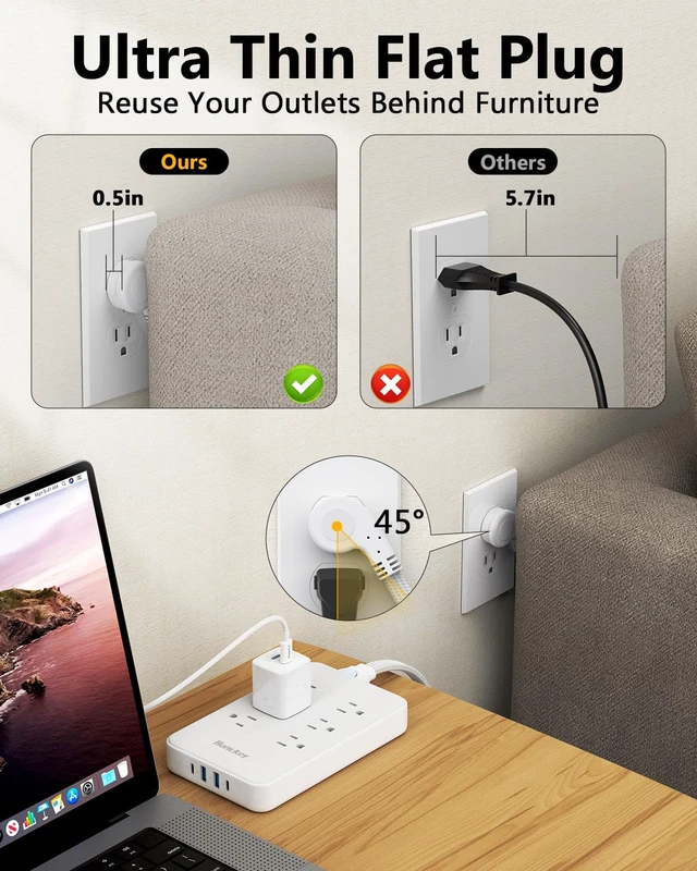 Alt view image 4 of 6 - Innovative Power Strip, Cord Removable Design (4FT), 6 Outlets Surge Protector with 4 USB Ports (2 USB-C, 2 USB-A), ETL Listed