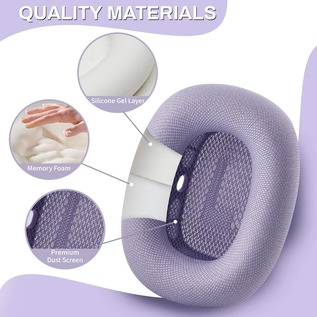 Alt view image 2 of 7 - Ear Cushions for AirPods Max, Original Silicone Noise Reduction (Purple) Upgraded Ear Cup Covers for Apple AirPods Max 1 & 2 Headphones, Strong Magnet Cups Pads, Durable Mesh Fabric, Softer sponge