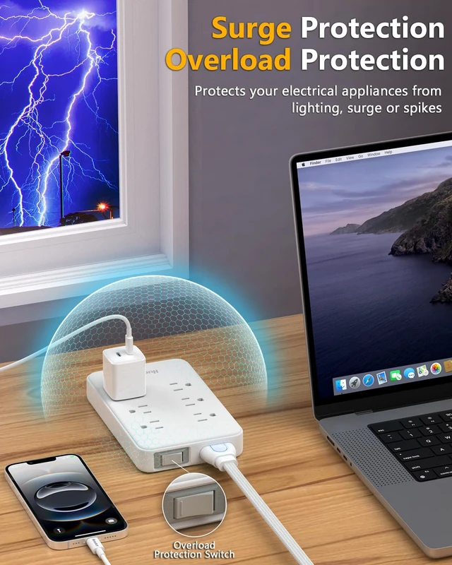 Alt view image 5 of 6 - Innovative Power Strip, Cord Removable Design (4FT), 6 Outlets Surge Protector with 4 USB Ports (2 USB-C, 2 USB-A), ETL Listed