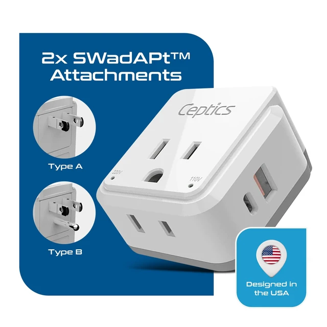 Alt view image 3 of 7 - Japan, Philippines Power Travel Plug Adapter Set, 20W PD & QC, Safe Dual USB & USB-C 3.1A - 2 USA Socket - Compact - Use in USA, Bahamas, Canada Includes Type A, Type B Swadapt Attachments