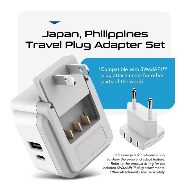 Alt view image 5 of 7 - Japan, Philippines Power Travel Plug Adapter Set, 20W PD & QC, Safe Dual USB & USB-C 3.1A - 2 USA Socket - Compact - Use in USA, Bahamas, Canada Includes Type A, Type B Swadapt Attachments