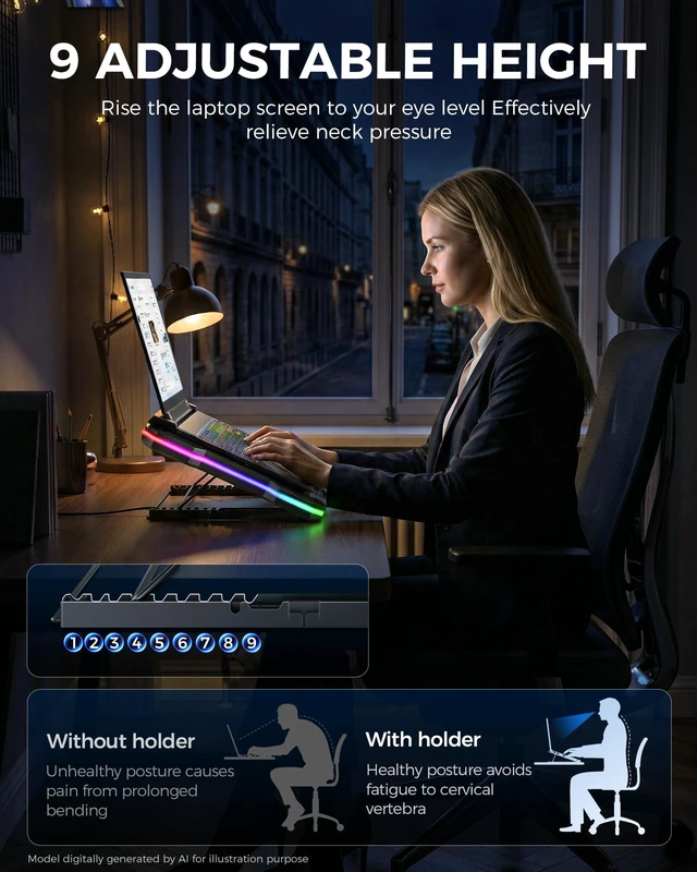 Alt view image 4 of 7 - 2 Detachable Fans RGB Gaming Laptop Cooling Pad, Rapid Cooling for 15.6-19.3" Laptops, Variable Speed Control, 8 Adjustable Heights - K6 with Memory Foam
