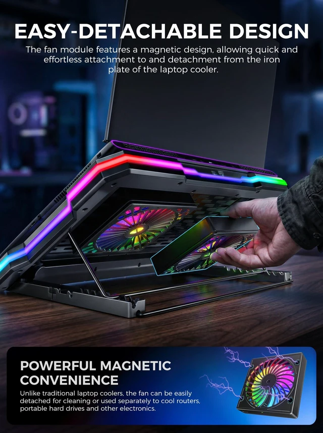 Alt view image 3 of 7 - 2 Detachable Fans RGB Gaming Laptop Cooling Pad, Rapid Cooling for 15.6-19.3" Laptops, Variable Speed Control, 8 Adjustable Heights - K6 with Memory Foam