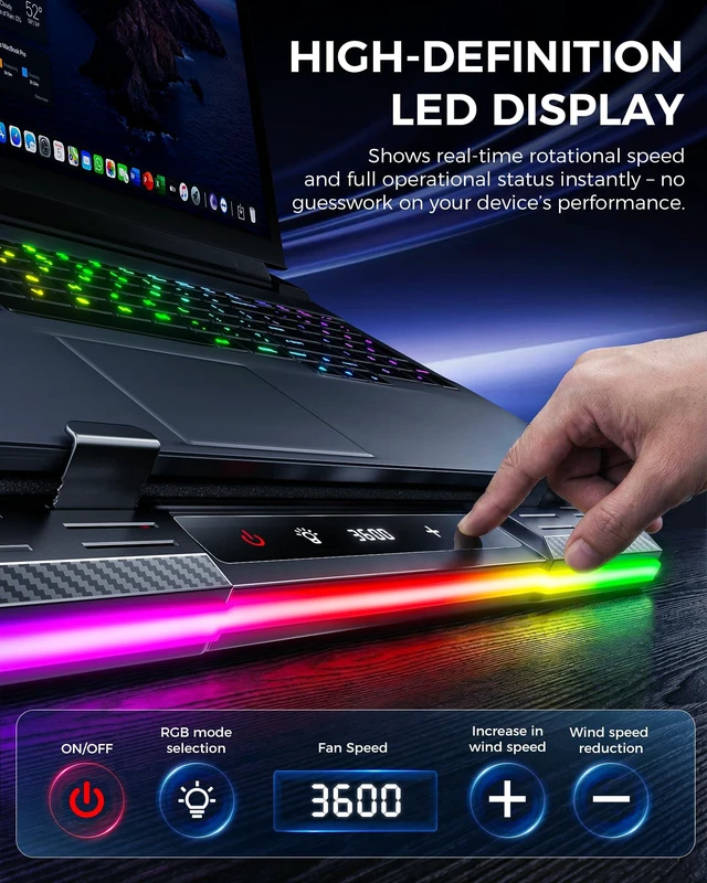 Alt view image 6 of 7 - 2 Detachable Fans RGB Gaming Laptop Cooling Pad, Rapid Cooling for 15.6-19.3" Laptops, Variable Speed Control, 8 Adjustable Heights - K6 with Memory Foam