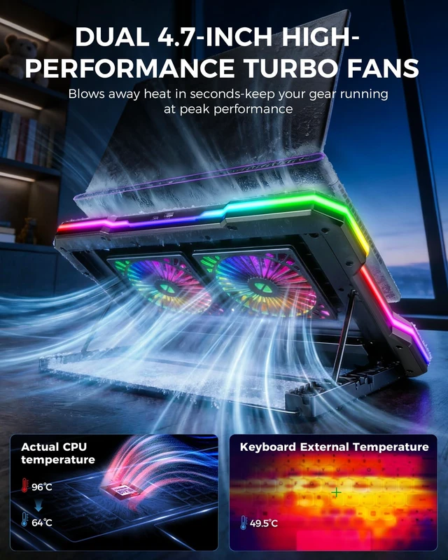 Alt view image 5 of 7 - 2 Detachable Fans RGB Gaming Laptop Cooling Pad, Rapid Cooling for 15.6-19.3" Laptops, Variable Speed Control, 8 Adjustable Heights - K6 with Memory Foam