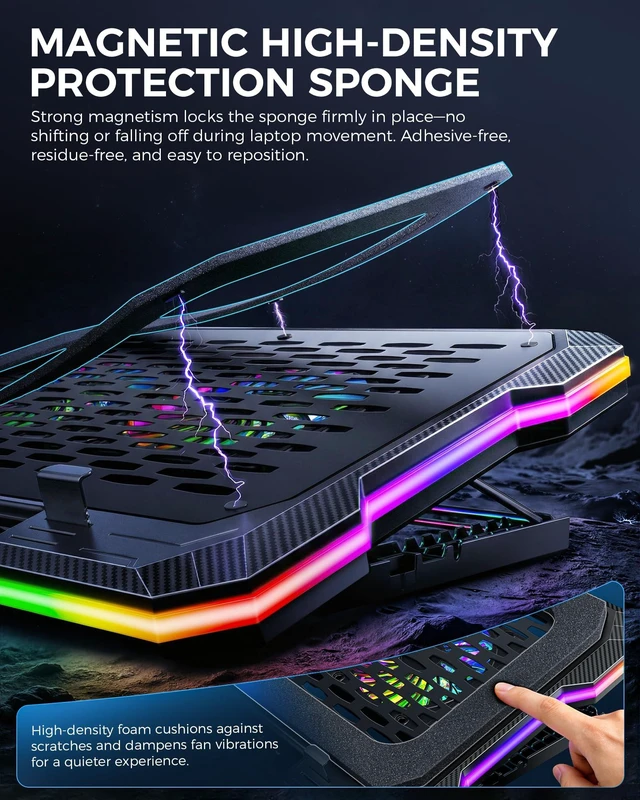 Alt view image 7 of 7 - 2 Detachable Fans RGB Gaming Laptop Cooling Pad, Rapid Cooling for 15.6-19.3" Laptops, Variable Speed Control, 8 Adjustable Heights - K6 with Memory Foam
